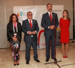 Los Príncipes de Asturias, junto al presidente del COE, Alejandro Blanco y la alcaldesa de la ciudad de Madrid, Ana Botella, en la rueda de prensa pos